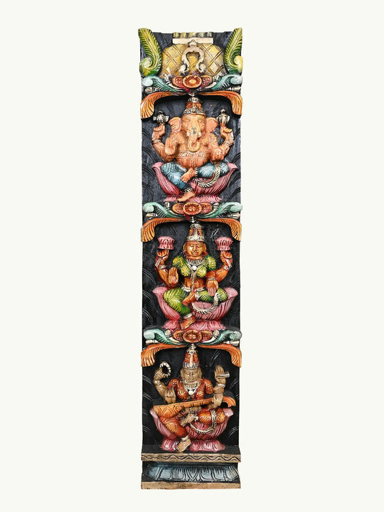 36" wooden Ganesha, Lakshmi, and Saraaswathi panel