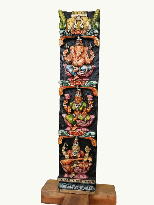 Wooden Panel of Ganesha, Lakshmi, and Saraswathi 