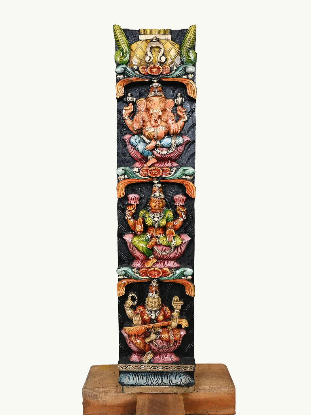 Wooden Panel of Ganesha, Lakshmi, and Saraswathi 