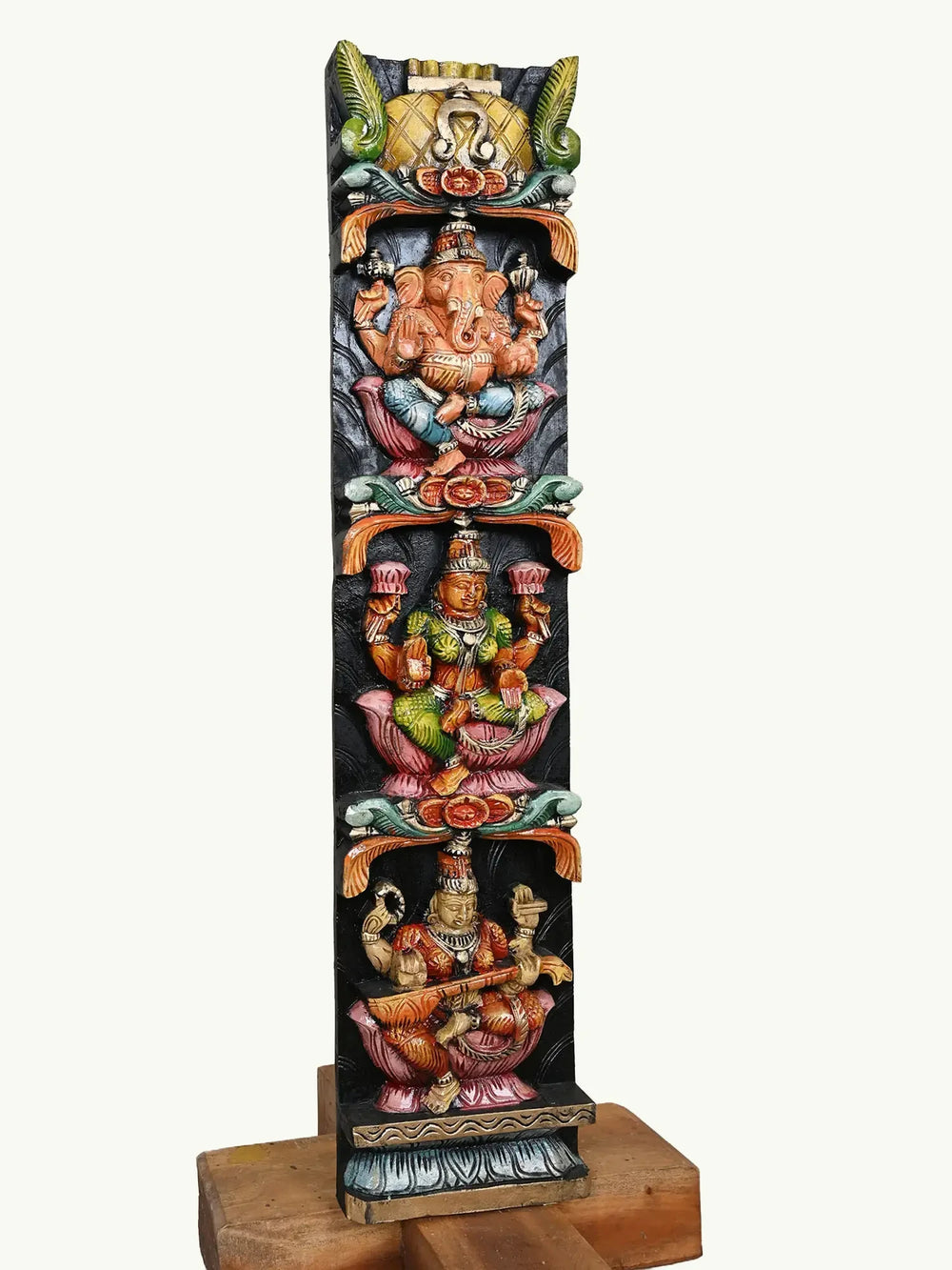 Wooden Panel of Ganesha, Lakshmi, and Saraswathi 
