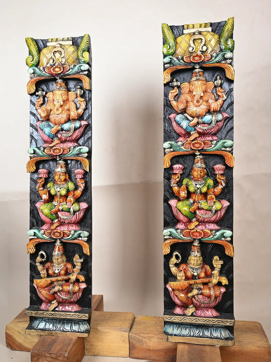 Wooden Ganesh, Lakshmi &amp; Saraswathi panel