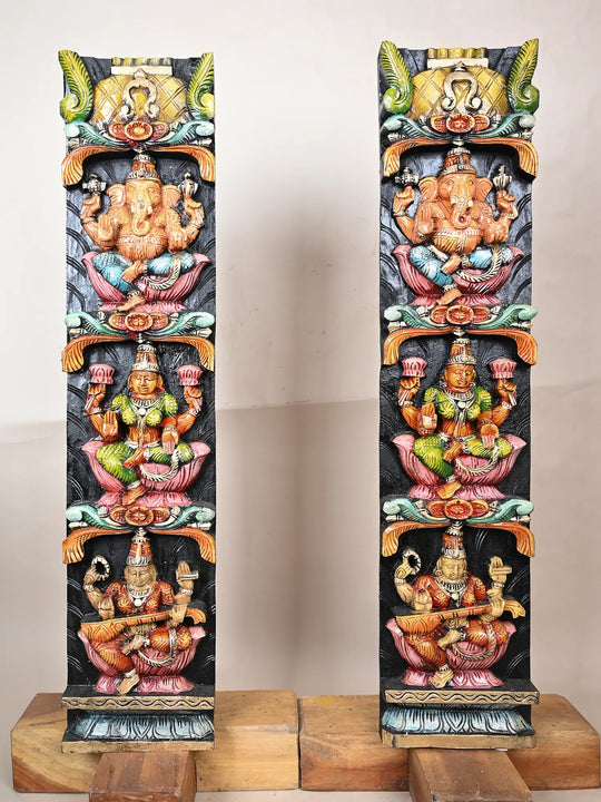 Wooden Ganesh, Lakshmi &amp; Saraswathi panel