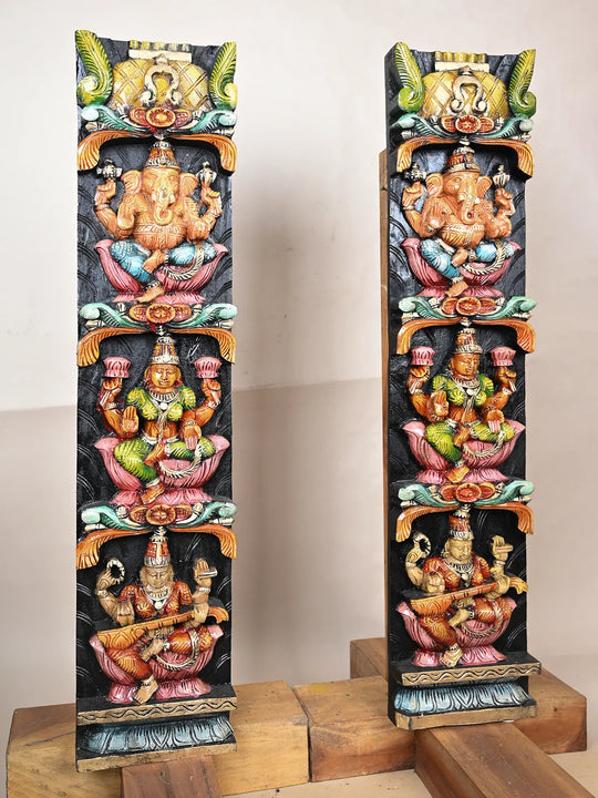 Wooden Ganesh, Lakshmi &amp; Saraswathi panel