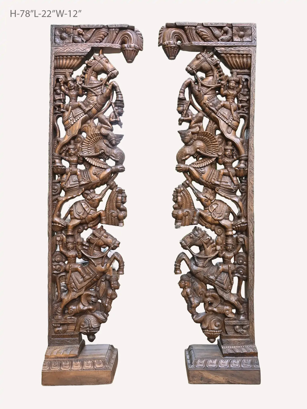 Pair of wooden horse & Yali warrior door brackets