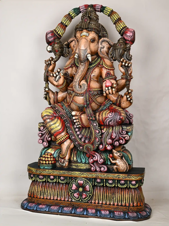 Multi-Armed Majestic Mahaganapathi Wooden Sculpture 47"