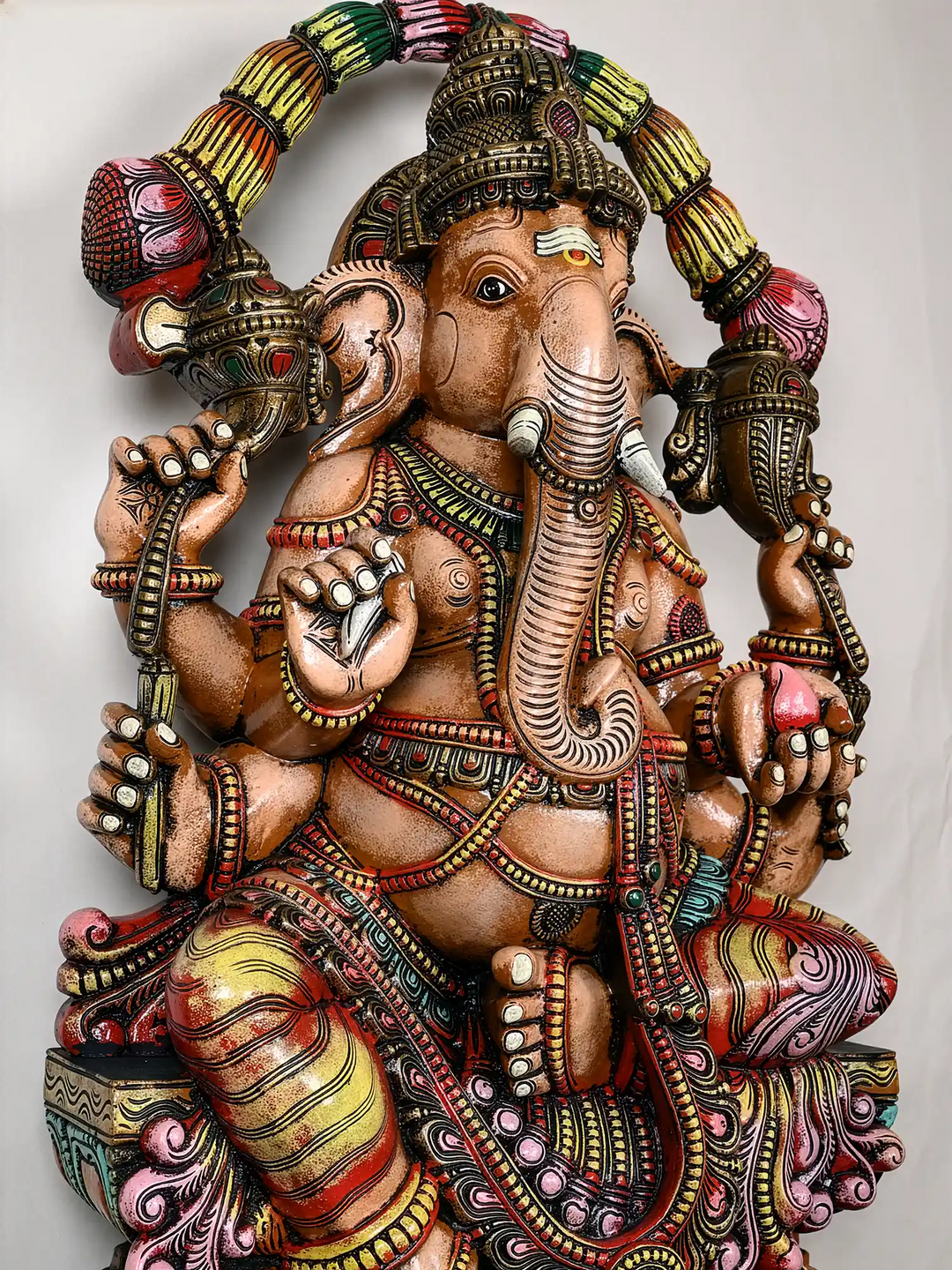 Multi-Armed Majestic Mahaganapathi Wooden Sculpture 47"