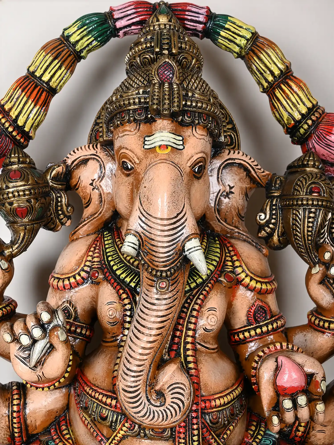Multi-Armed Majestic Mahaganapathi Wooden Sculpture 47"