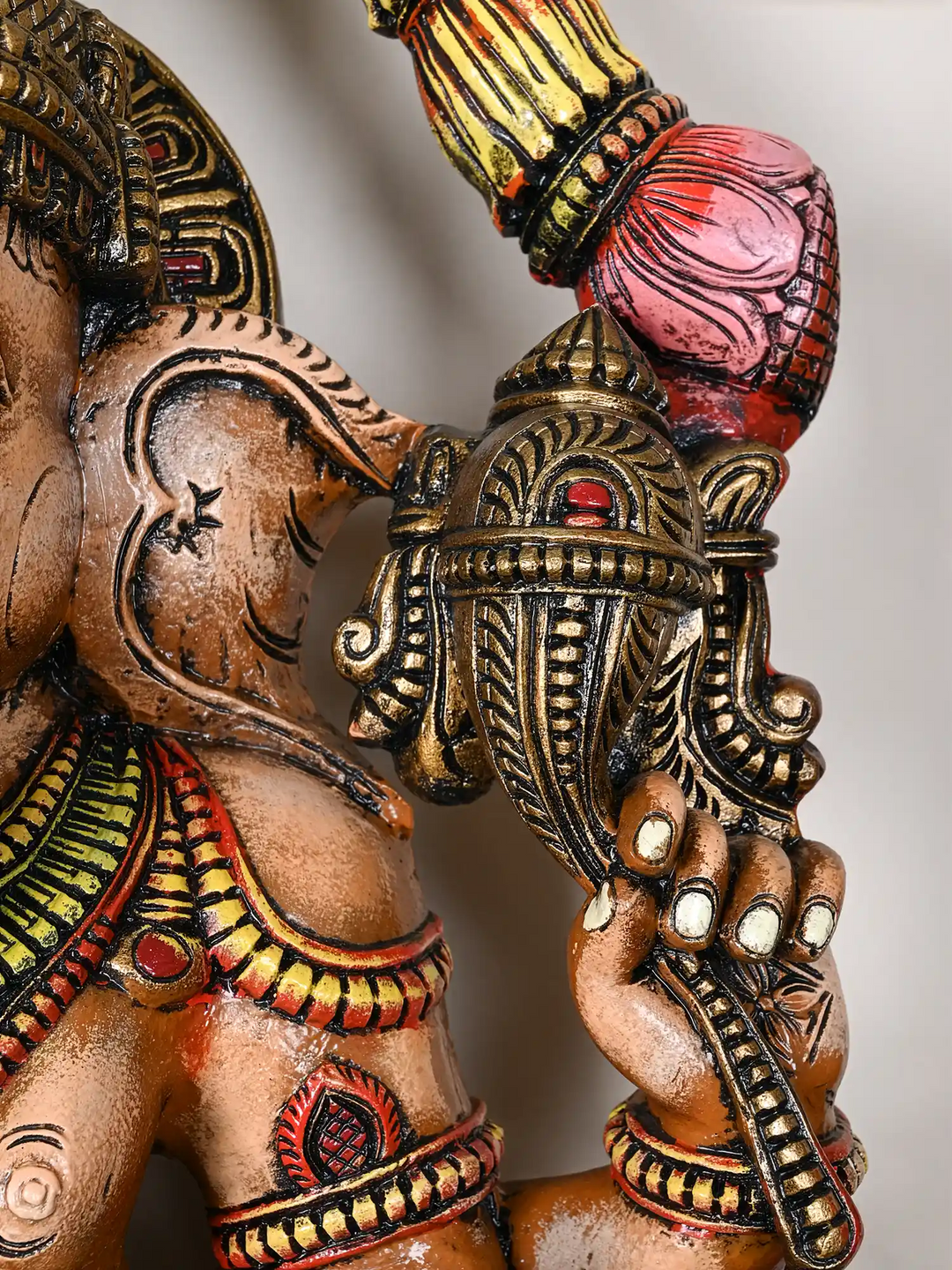 Multi-Armed Majestic Mahaganapathi Wooden Sculpture 47"