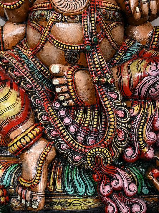 Multi-Armed Majestic Mahaganapathi Wooden Sculpture 47"