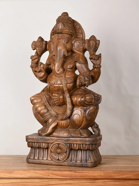 Blessing Ganesha Statue in Natural Wood Finish 2ft