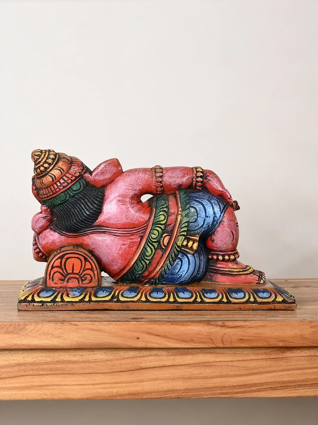 Relaxing Ganesha Wooden Statue 9"