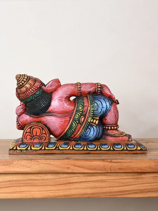 Relaxing Ganesha Wooden Statue 9"