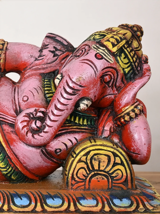 Relaxing Ganesha Wooden Statue 9"