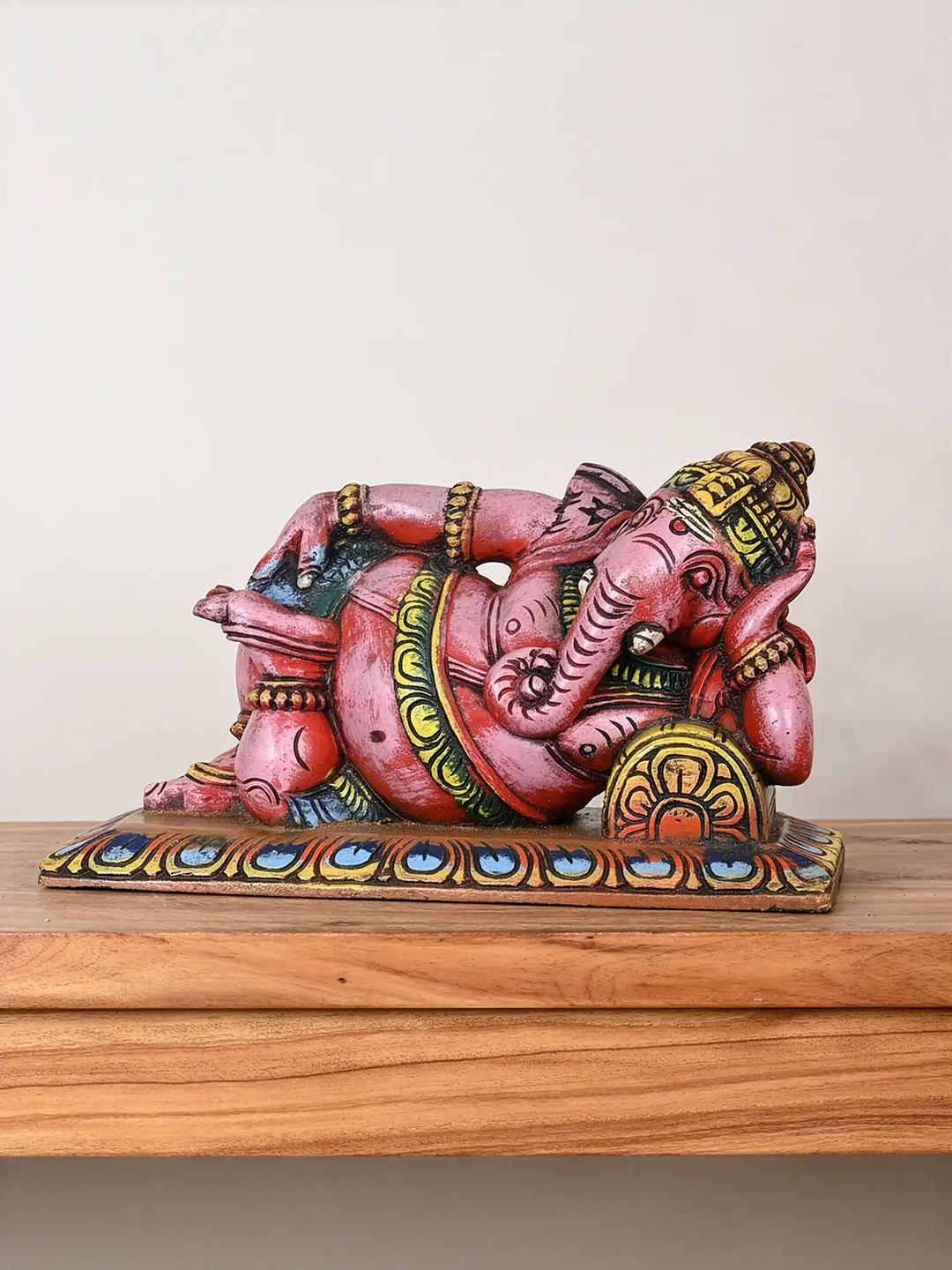 Relaxing Ganesha Wooden Statue 9"
