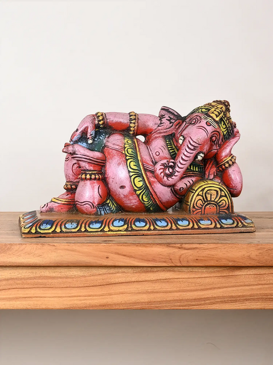 Relaxing Ganesha Wooden Statue 9"