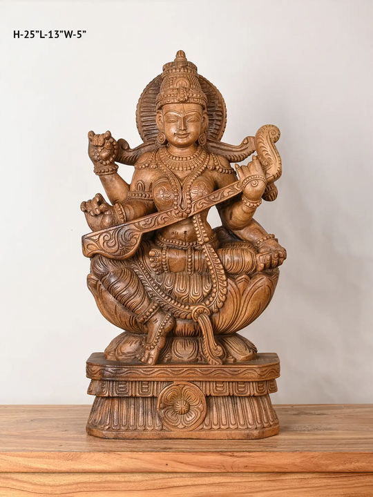 wooden Saraswati with Veena Statue
