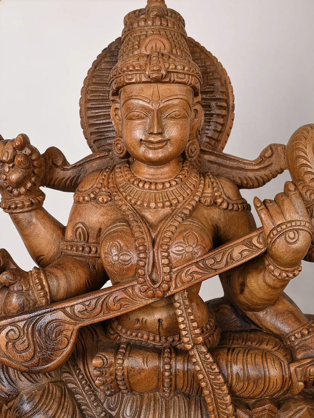 2ft Divine Wooden Saraswati with Veena Statue