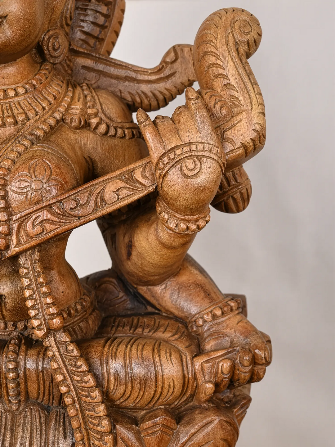 2ft Divine Wooden Saraswati with Veena Statue