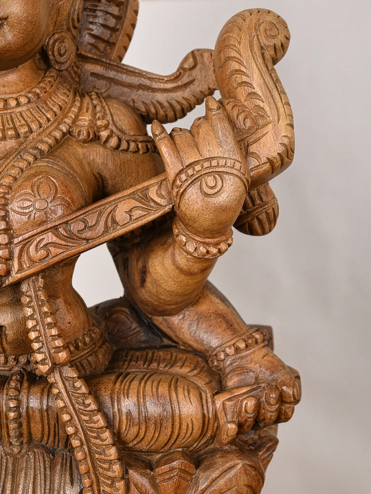2ft Divine Wooden Saraswati with Veena Statue