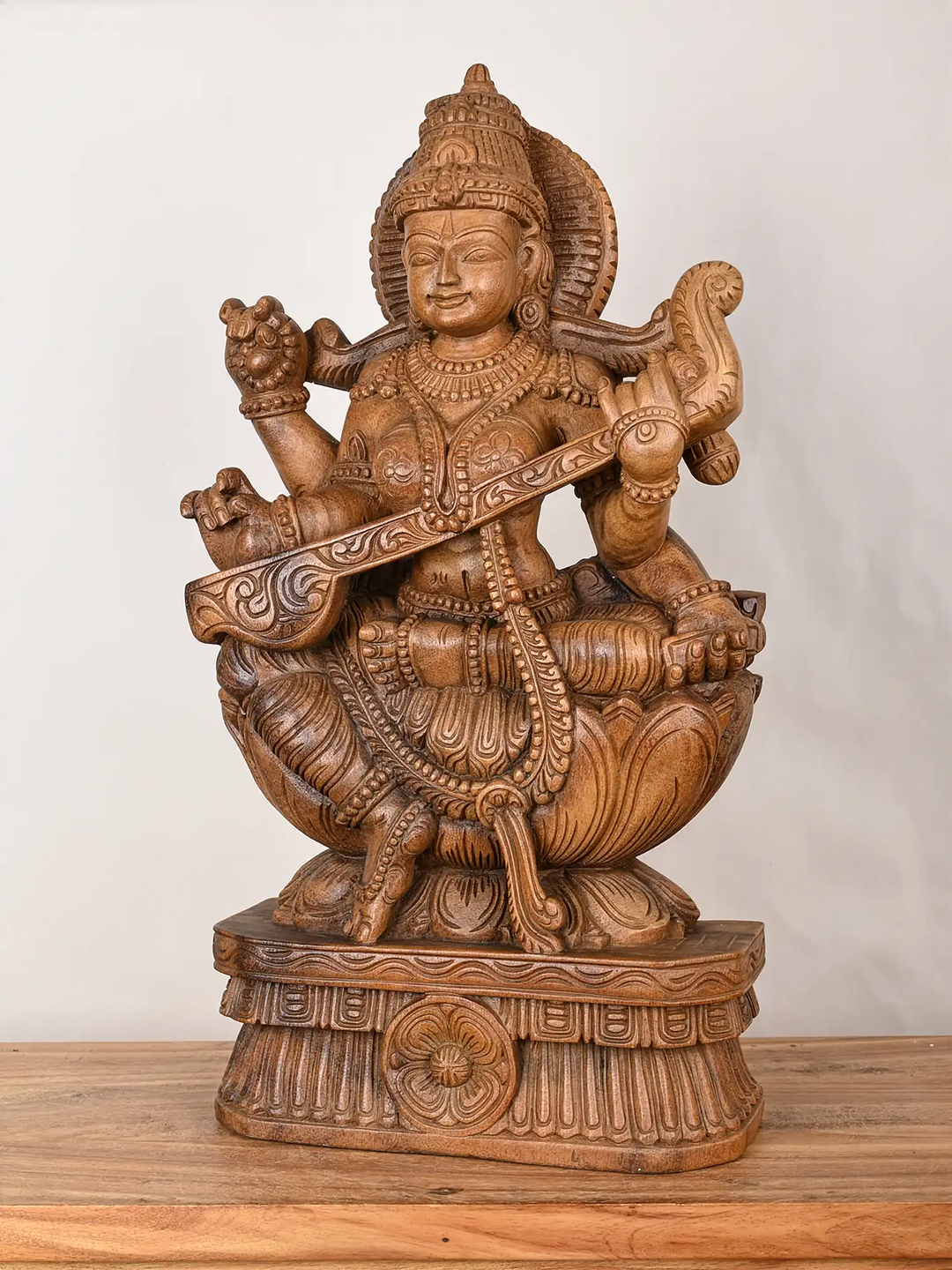 2ft Divine Wooden Saraswati with Veena Statue