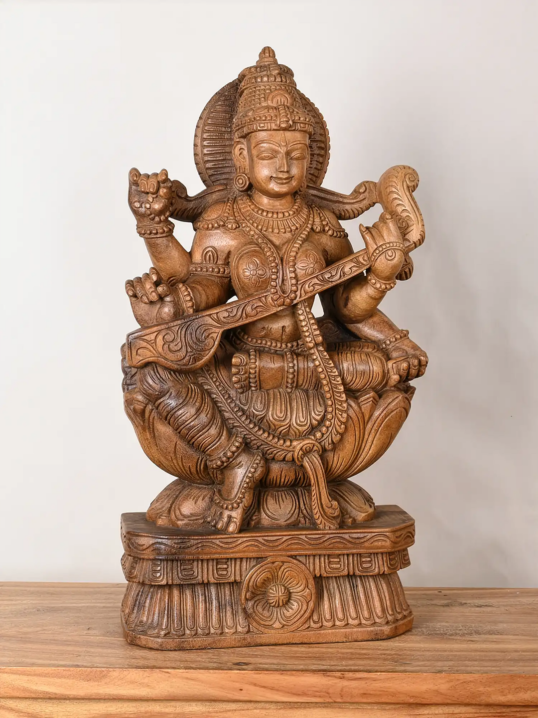 wooden Saraswati with Veena Statue