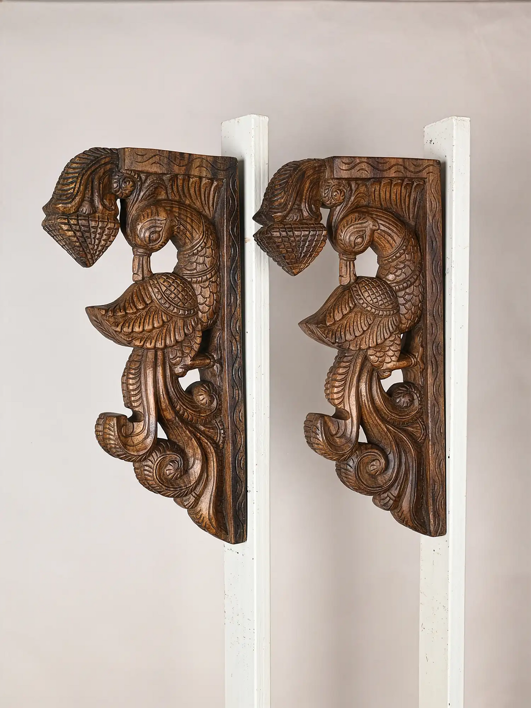 Twin Peacock Wooden Wall Bracket