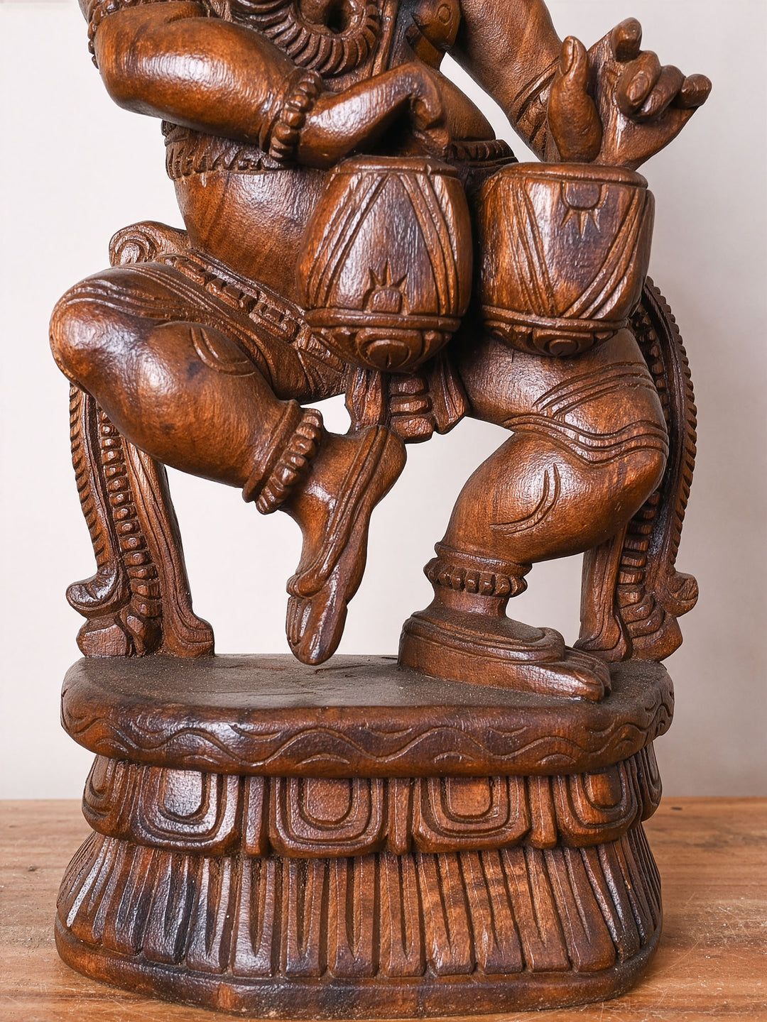 Wooden Dancing Ganesha Playing Mridangam Statue 19"