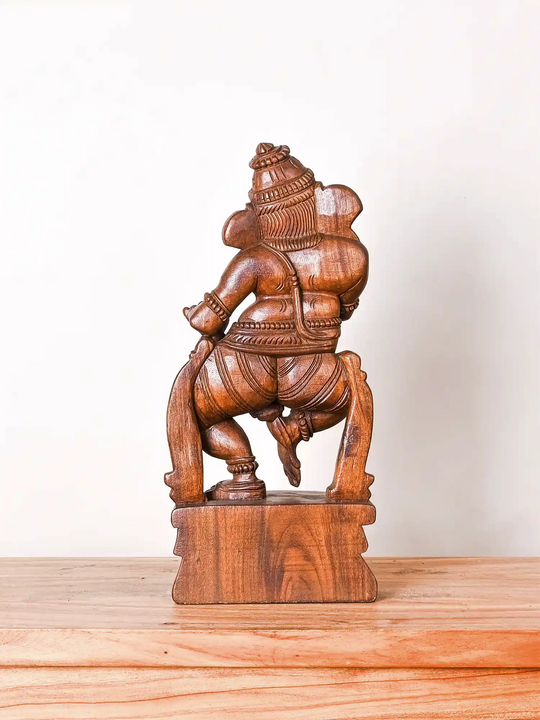 Wooden Dancing Ganesha Playing Mridangam Statue 19"