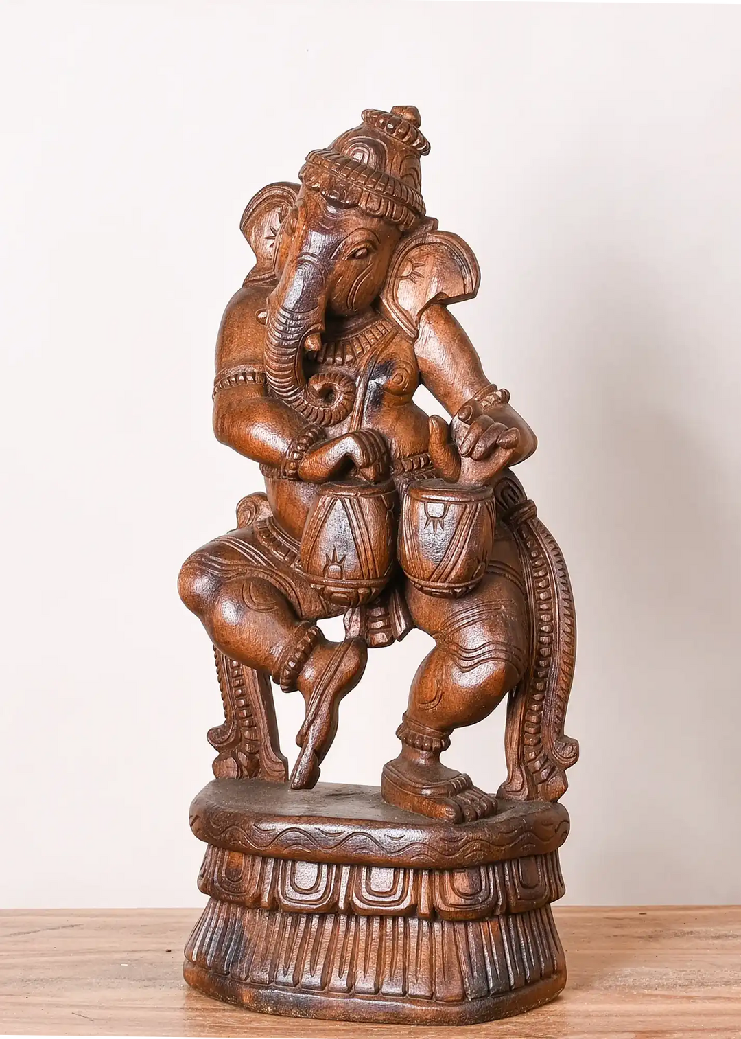 Wooden Dancing Ganesha Playing Mridangam Statue 19"