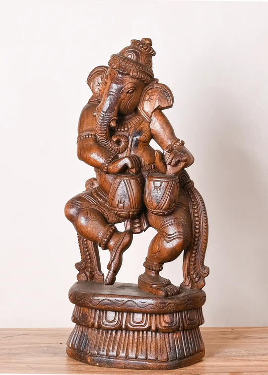 Wooden Dancing Ganesha Playing Mridangam Statue 19"