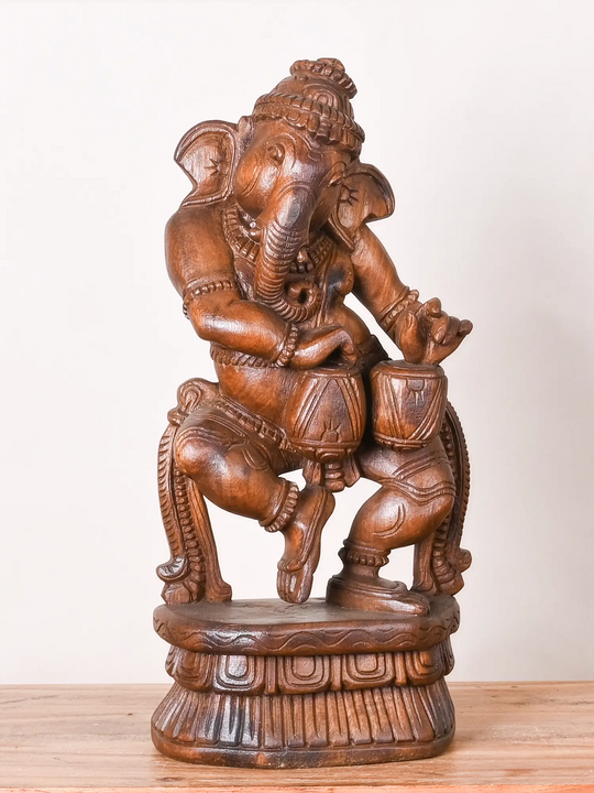 Wooden Dancing Ganesha Playing Mridangam Statue 19"