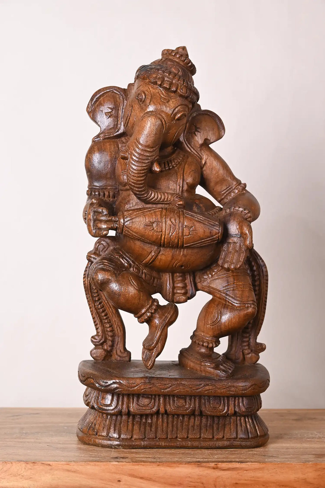 Dancing Ganesha Wooden Sculpture with Mridangam 19"