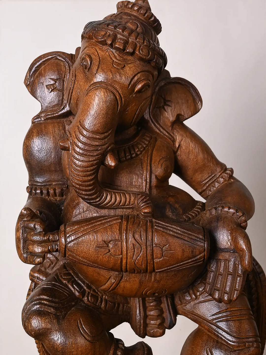 Dancing Ganesha Wooden Sculpture with Mridangam 19"