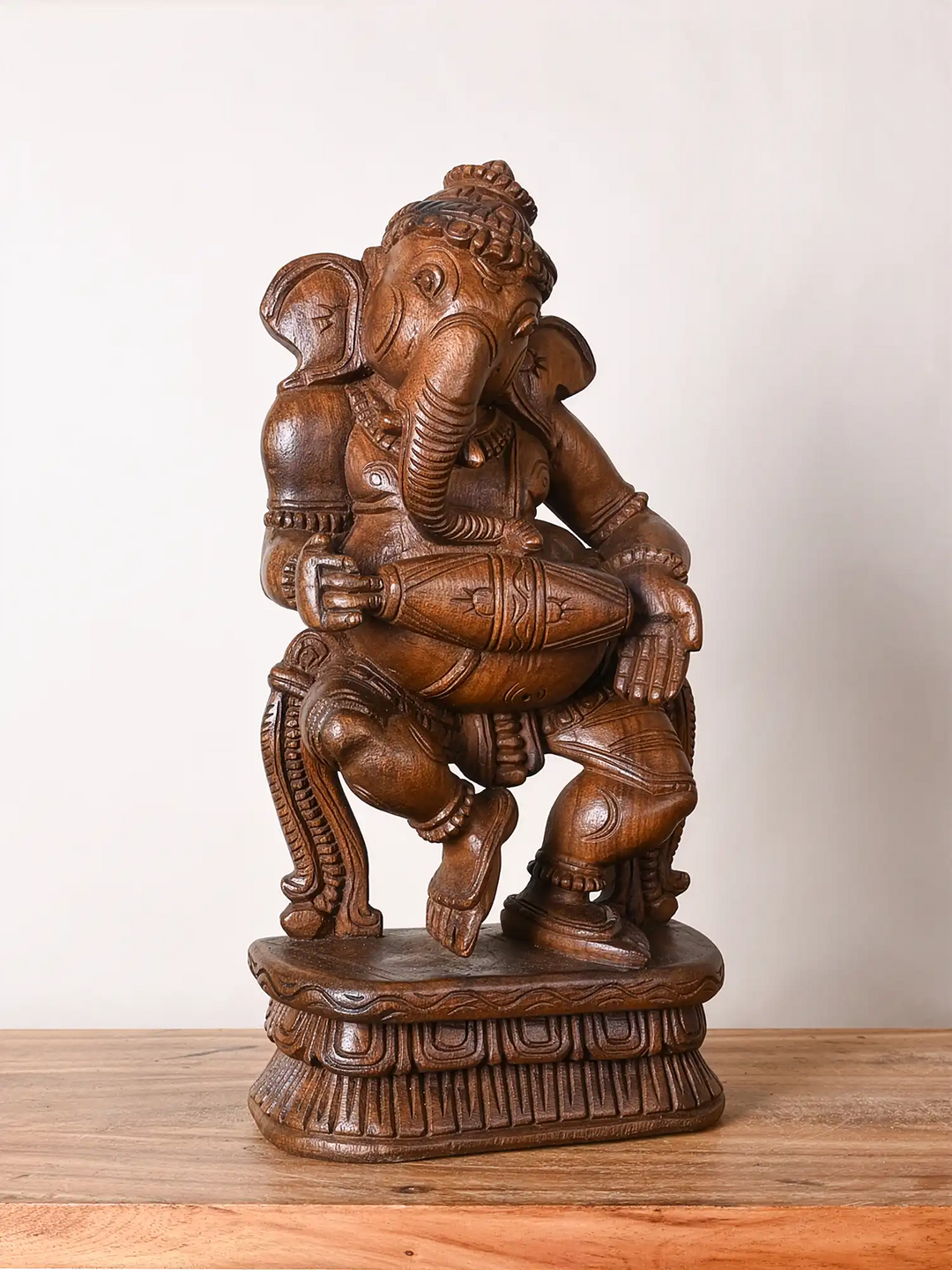 Dancing Ganesha Wooden Sculpture with Mridangam 19"