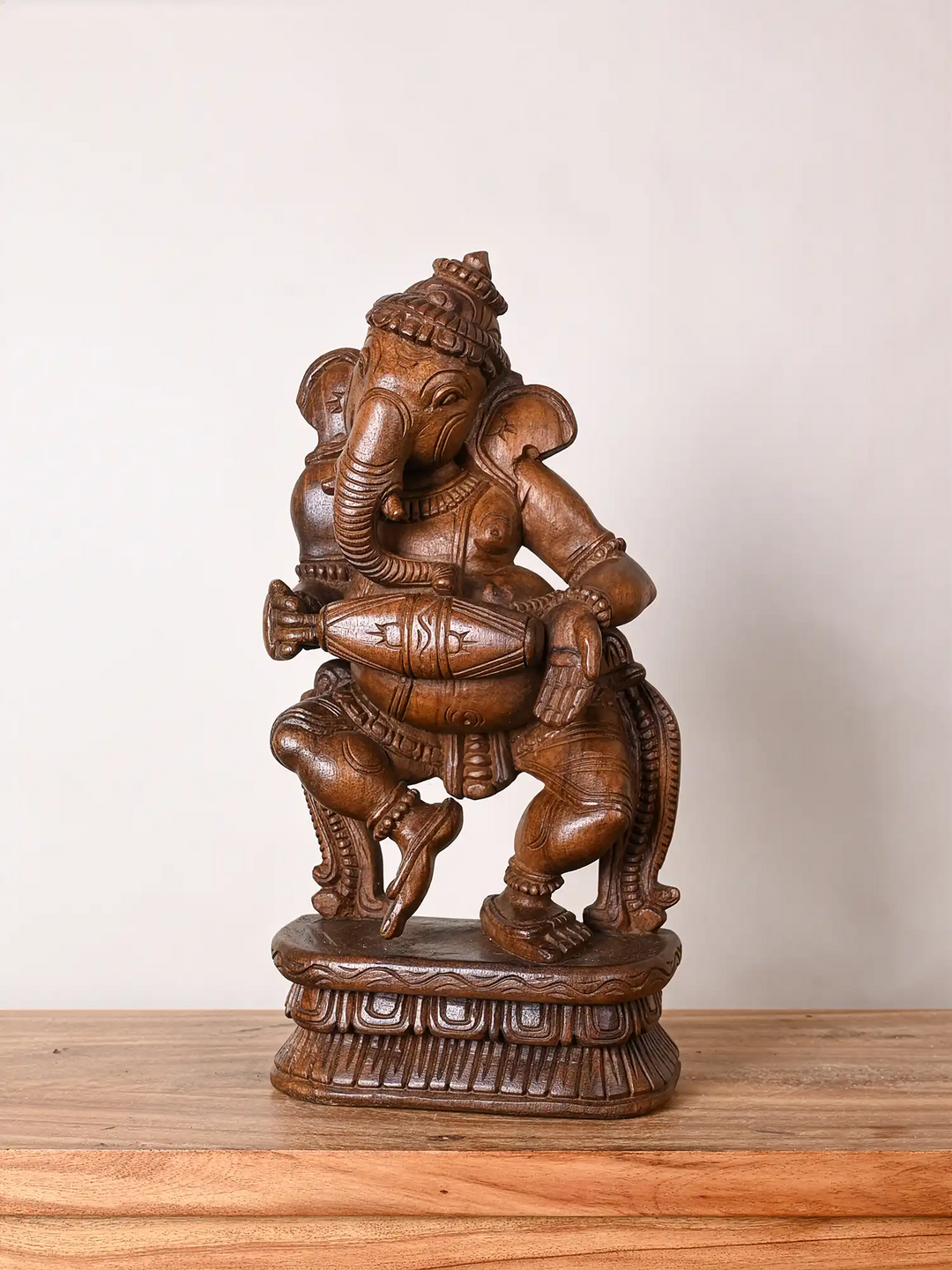 Dancing Ganesha Wooden Sculpture with Mridangam 19"