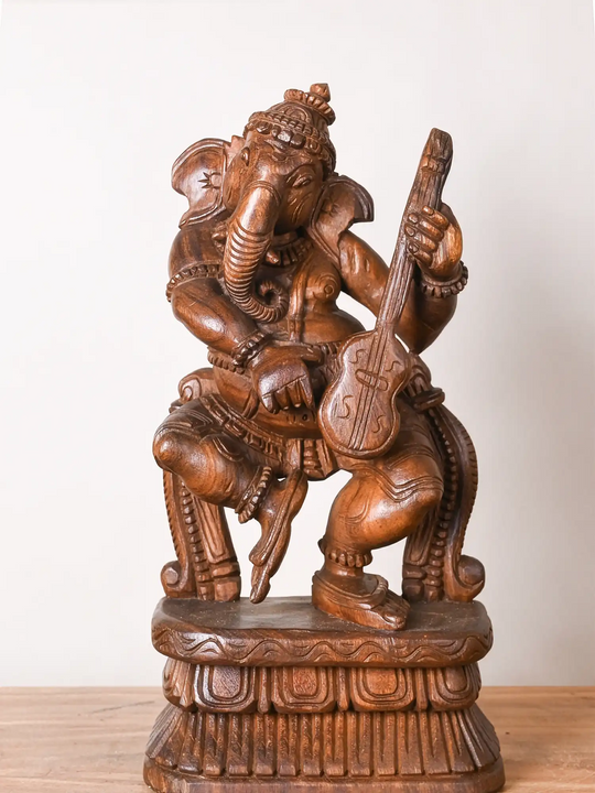 Wooden Dancing Ganesha Playing Veena Statue 19"