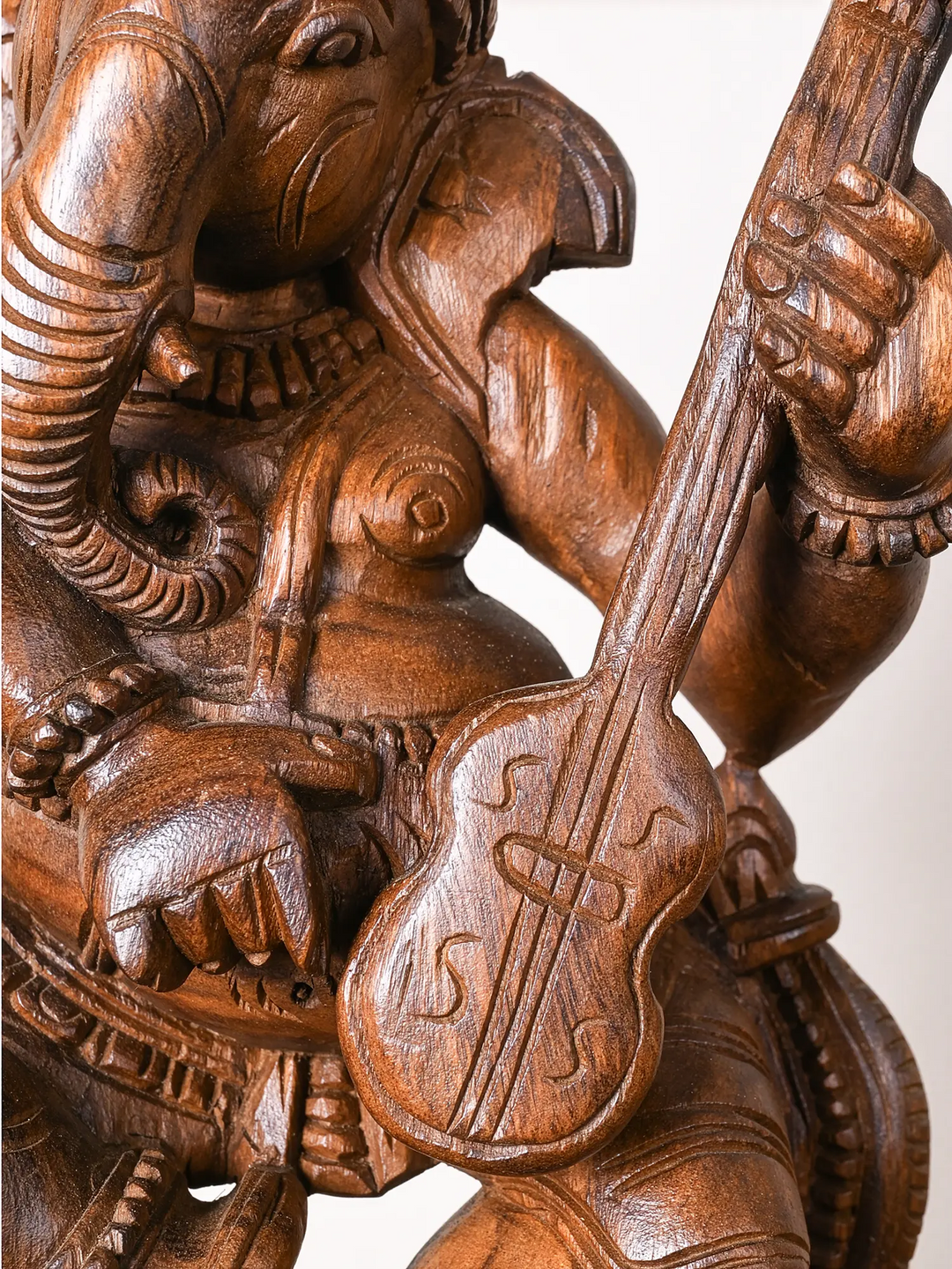 Wooden Dancing Ganesha Playing Veena Statue 19"