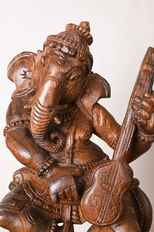 Wooden Dancing Ganesha Playing Veena Statue 19"