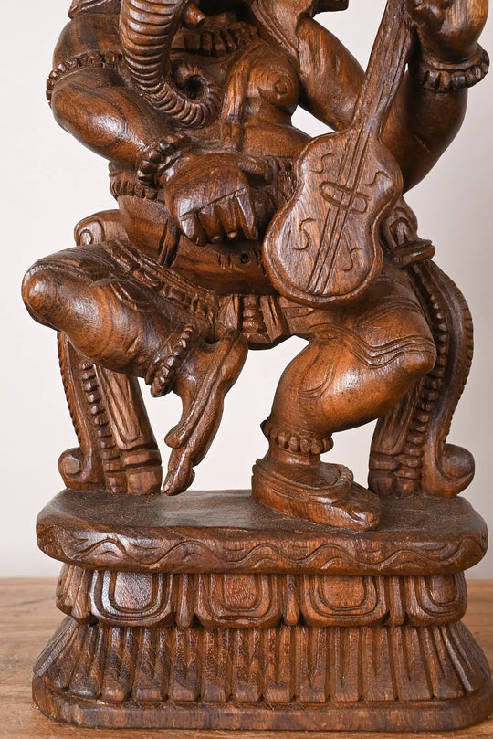 Wooden Dancing Ganesha Playing Veena Statue 19"