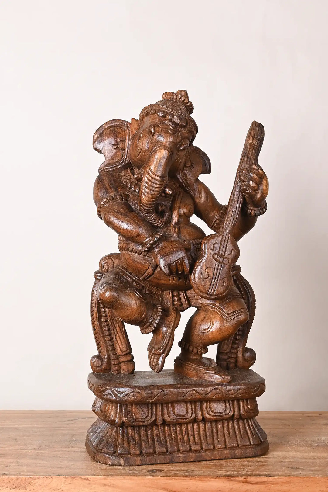 Wooden Dancing Ganesha Playing Veena Statue 19"