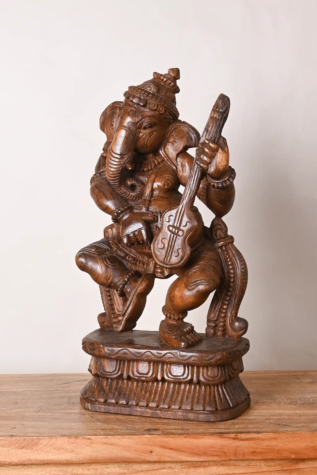 Wooden Dancing Ganesha Playing Veena Statue 19"