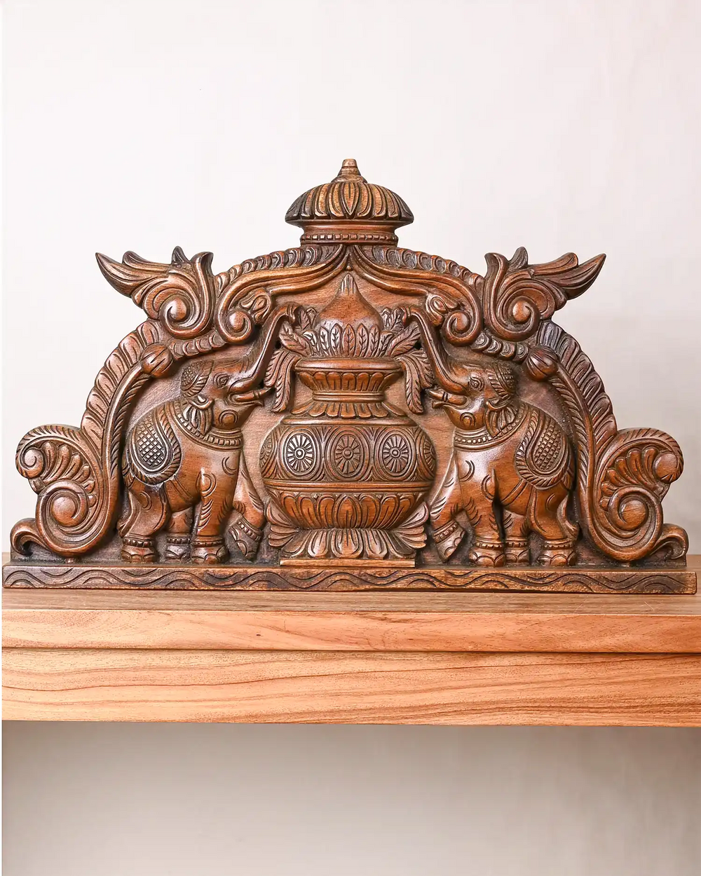 Twin Elephants with Kalasha Wooden Wall Panel 