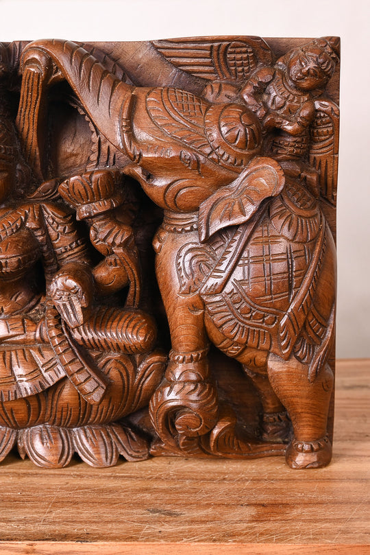 Gajalakshmi Wooden Panel – Goddess of Prosperity Flanked by Celestial Elephants 10"