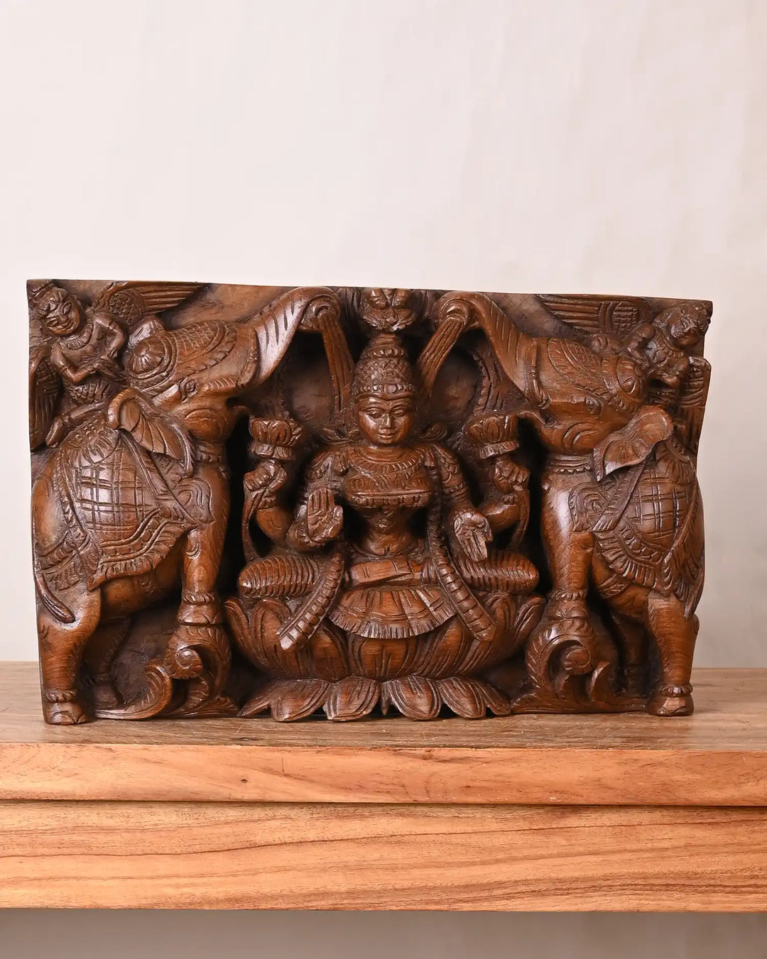 Gajalakshmi Wooden Panel – Goddess of Prosperity Flanked by Celestial Elephants 10"