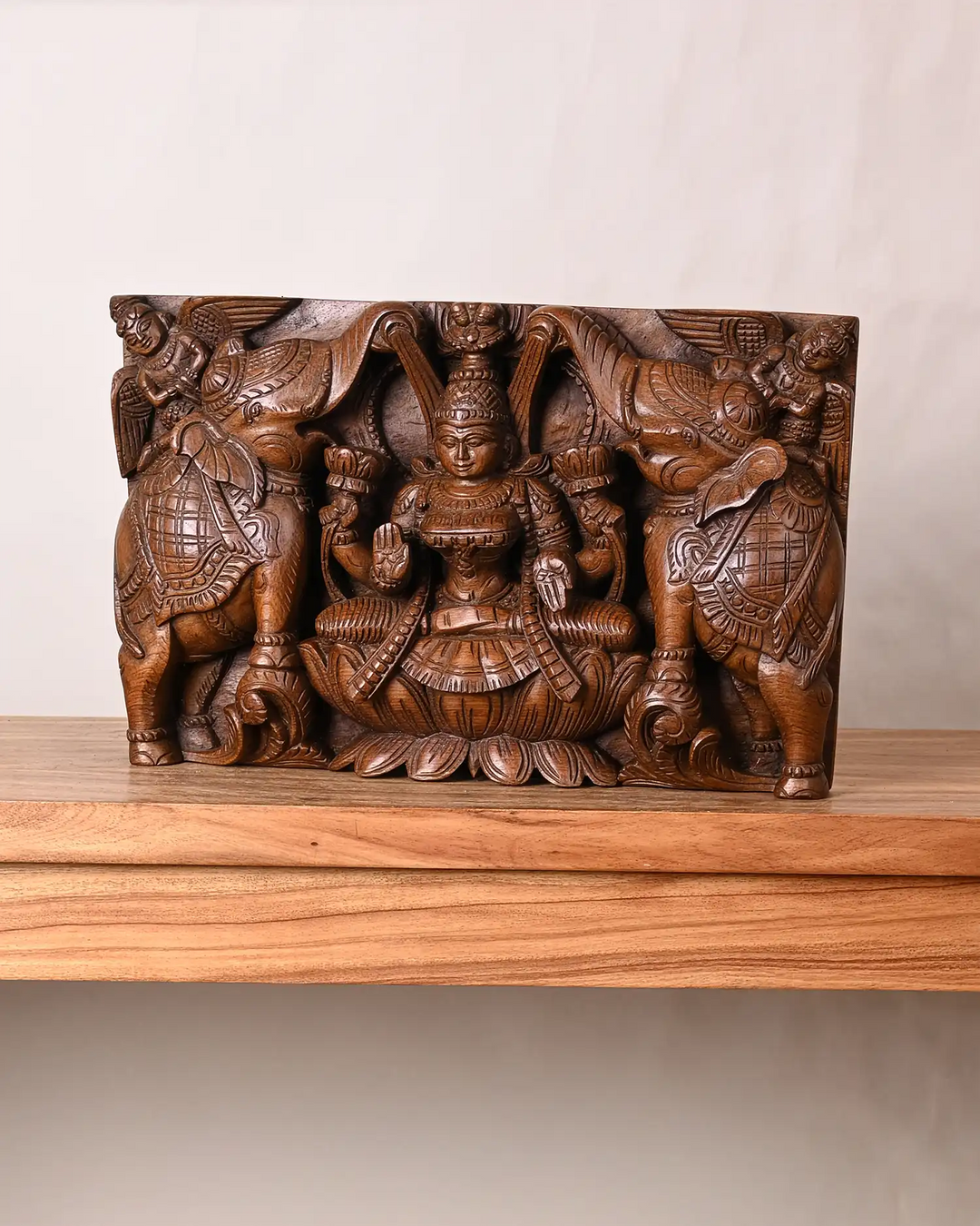 Gajalakshmi Wooden Panel – Goddess of Prosperity Flanked by Celestial Elephants 10"