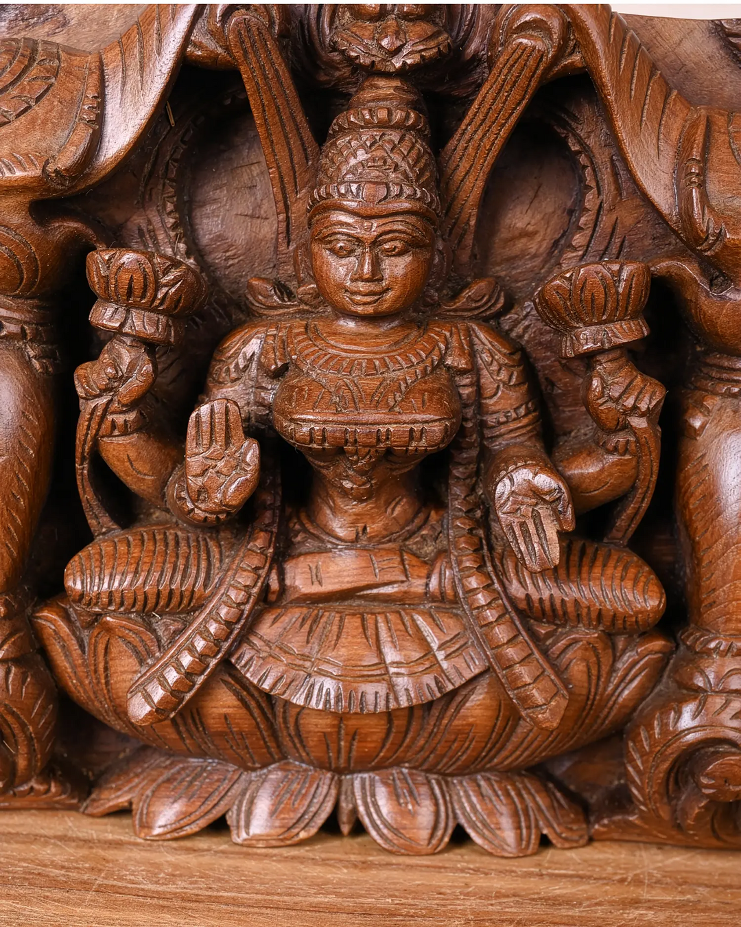 Gajalakshmi Wooden Panel – Goddess of Prosperity Flanked by Celestial Elephants 10"