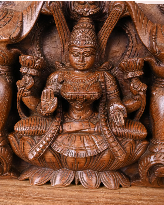 Gajalakshmi Wooden Panel – Goddess of Prosperity Flanked by Celestial Elephants 10"