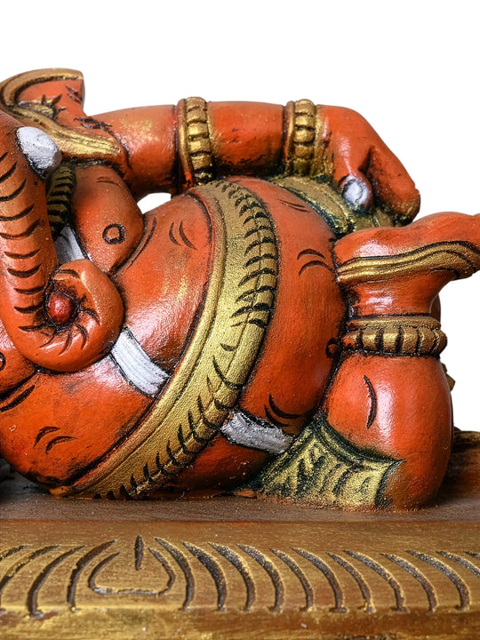 Wooden Resting Ganapathi Traditional sculpture 18"