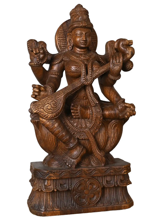 Wooden handcarved statue of goddess Saraswathi 24"