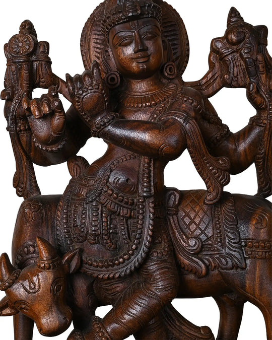 Divine Lord Krishna with Sacred Cow Wooden Sculpture 24"